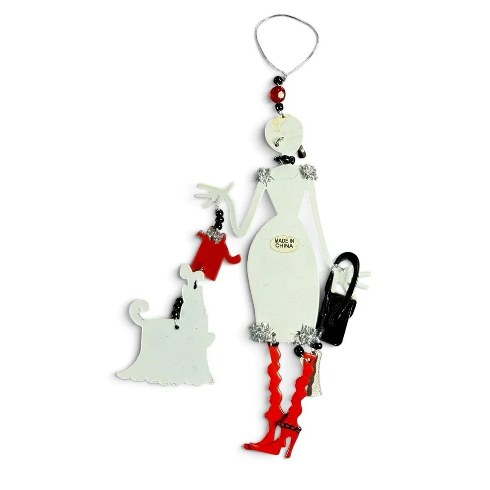 Fashionista Lady Houndstooth Dress Christmas Ornament Red White Dog 8.5 Inch